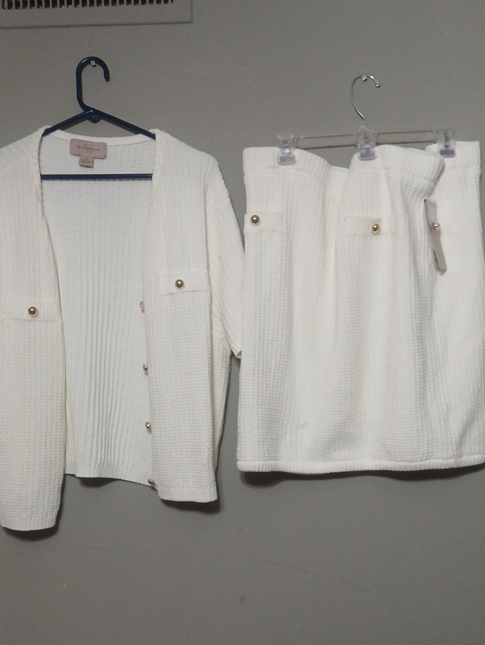 French Connection White Waffle-Knit Skirt Set with Gold Buttons